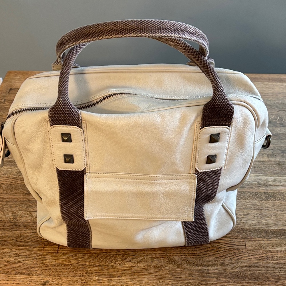 Falor Cream Leather Handbag/Tote/Carryon w/Brown Duck Trim & Handles. Super Soft